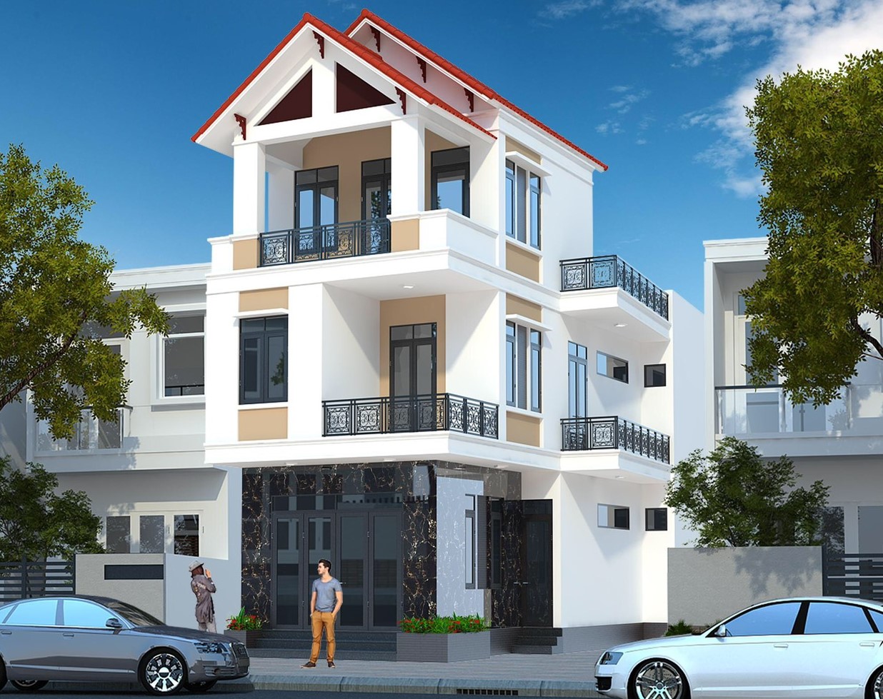 Nhà 3 tầng 3 tông màu nâu,xám,trắng